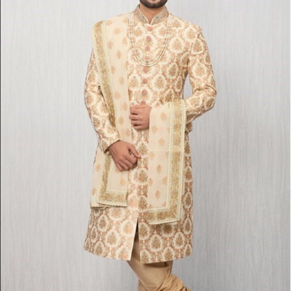 Textured Patterned Pista Sherwani Set